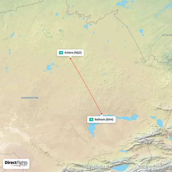 Astana - Balhash direct flight map