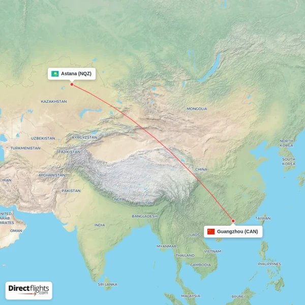 Astana - Guangzhou direct flight map