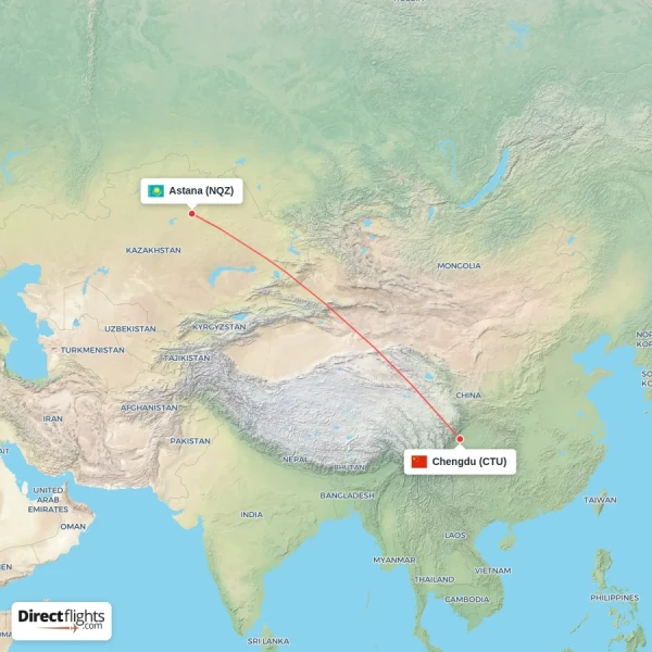 Astana - Chengdu direct flight map