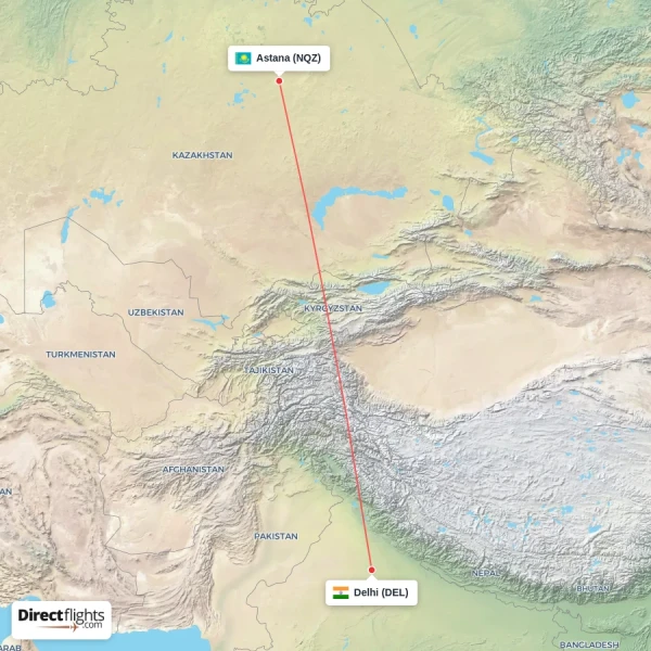 Astana - Delhi direct flight map