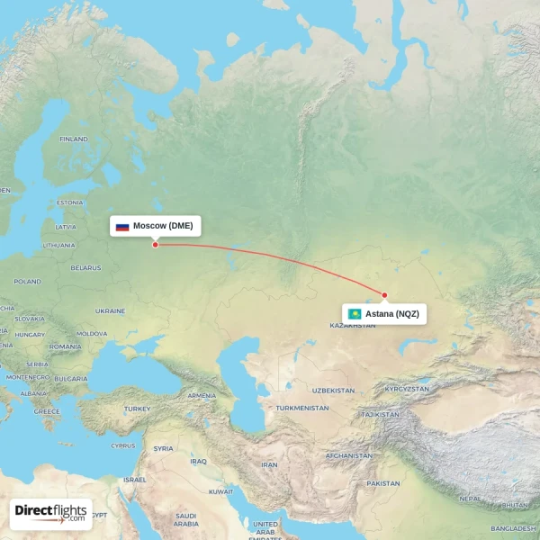 Astana - Moscow direct flight map