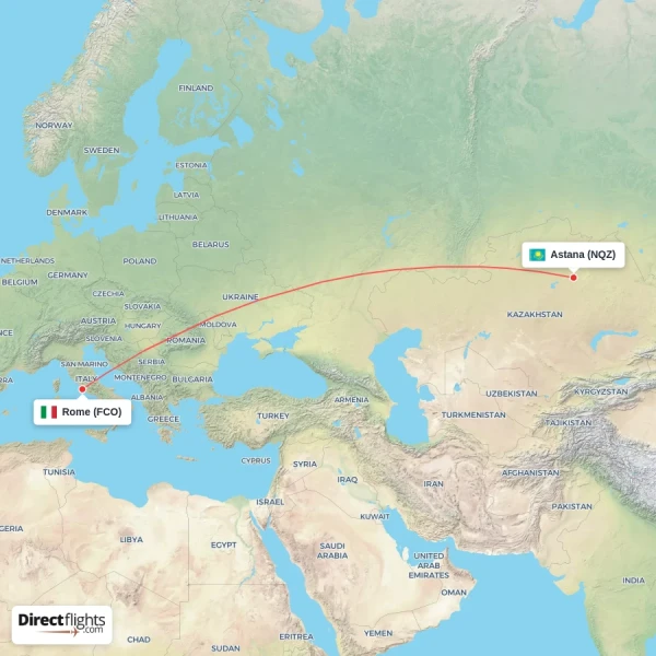 Astana - Rome direct flight map