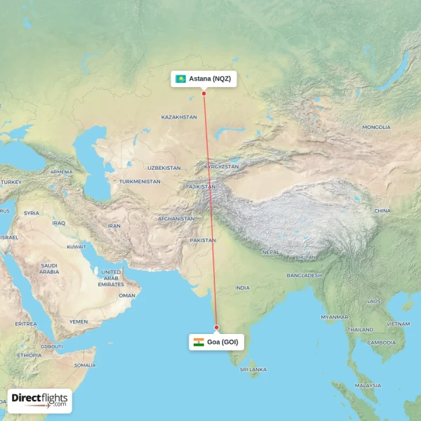 Astana - Goa direct flight map