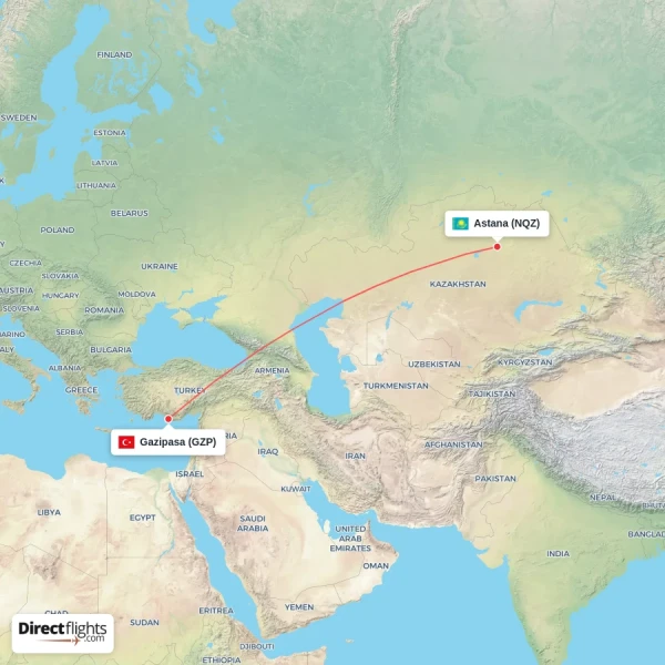 Astana - Gazipasa direct flight map