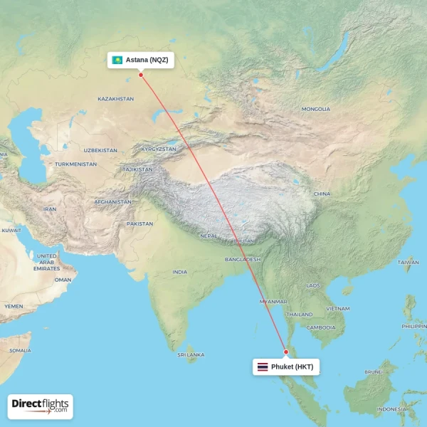 Astana - Phuket direct flight map