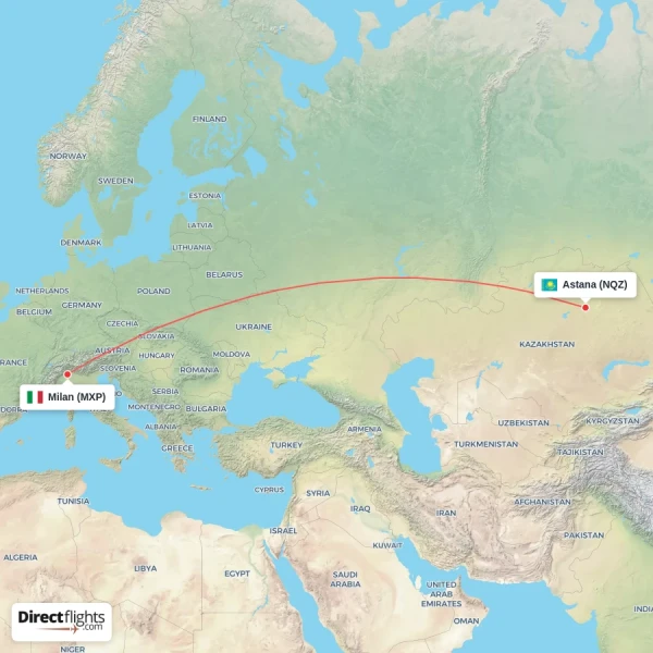 Astana - Milan direct flight map