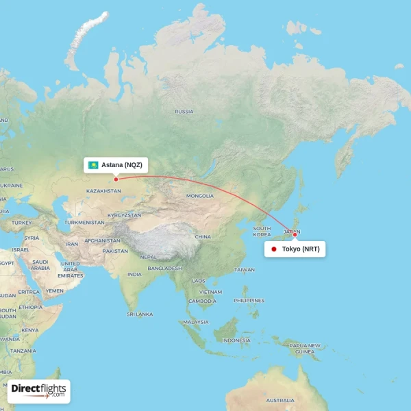 Astana - Tokyo direct flight map