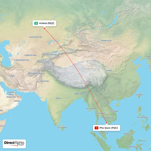 Astana - Phu Quoc direct flight map