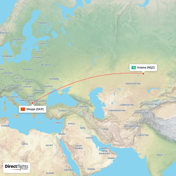 Astana - Skopje direct flight map