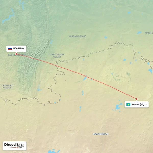 Astana - Ufa direct flight map