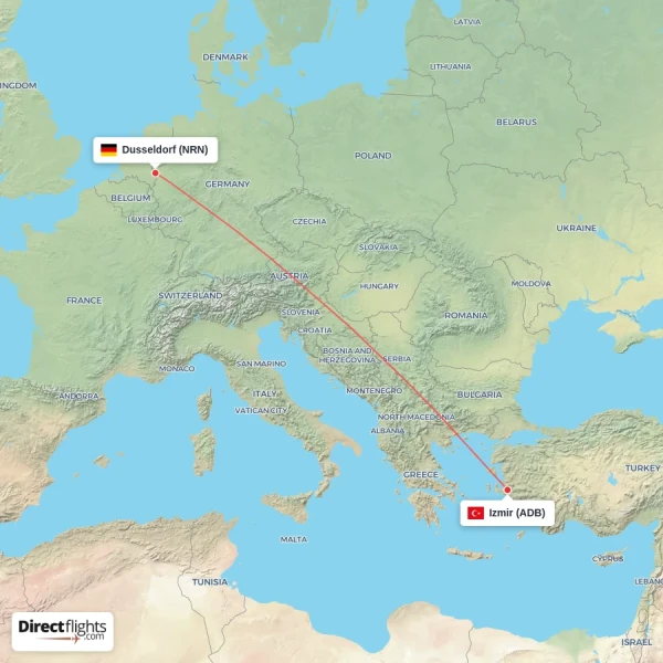 Dusseldorf - Izmir direct flight map