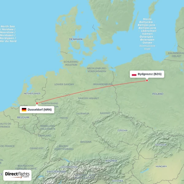 Dusseldorf - Bydgoszcz direct flight map