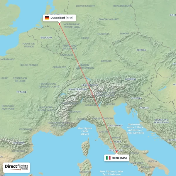 Dusseldorf - Rome direct flight map