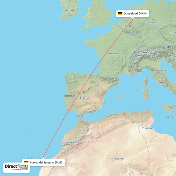 Dusseldorf - Puerto del Rosario direct flight map