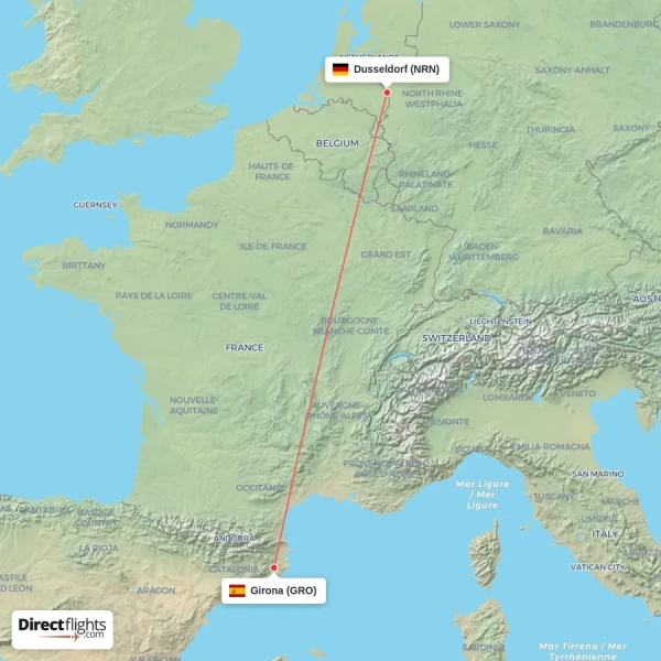 Dusseldorf - Girona direct flight map