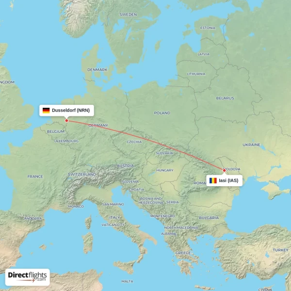 Dusseldorf - Iasi direct flight map
