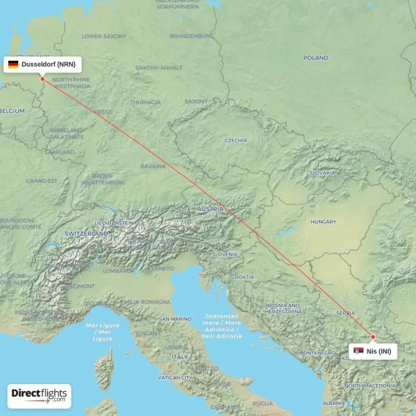 Dusseldorf - Nis direct flight map