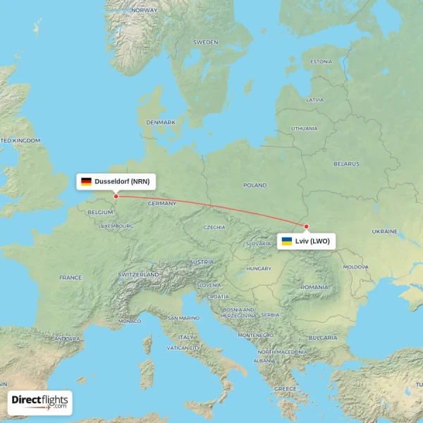 Dusseldorf - Lviv direct flight map