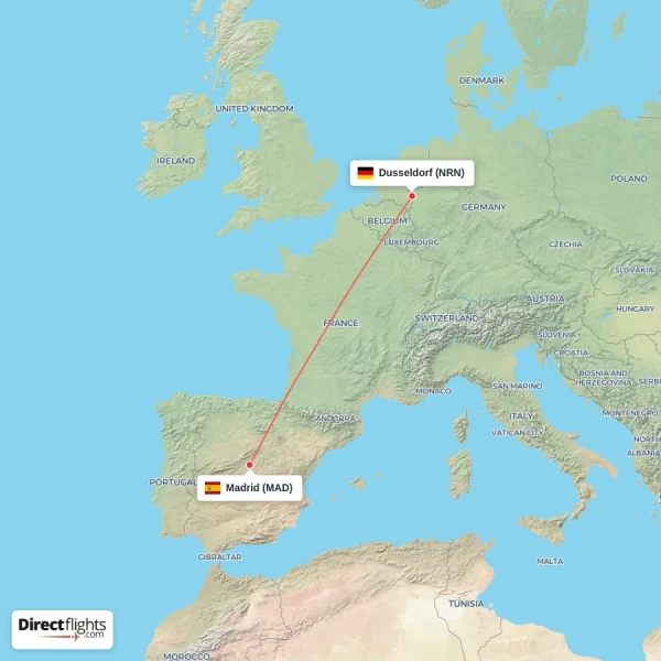 Dusseldorf - Madrid direct flight map