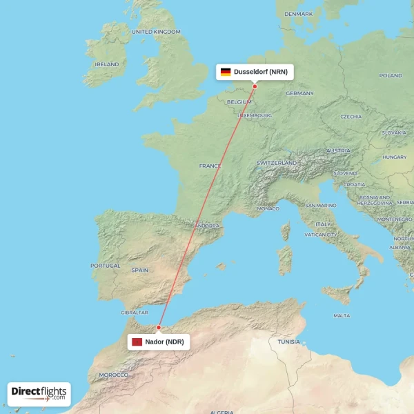 Dusseldorf - Nador direct flight map
