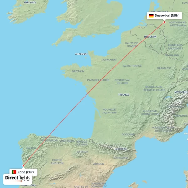 Dusseldorf - Porto direct flight map
