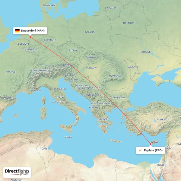 Dusseldorf - Paphos direct flight map