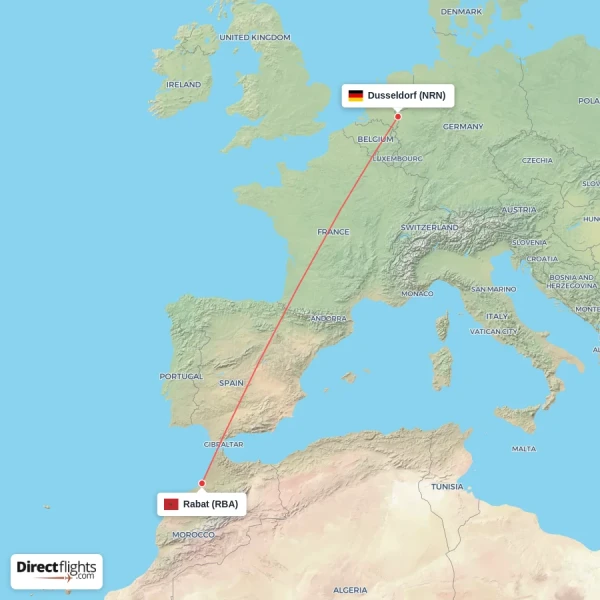 Dusseldorf - Rabat direct flight map