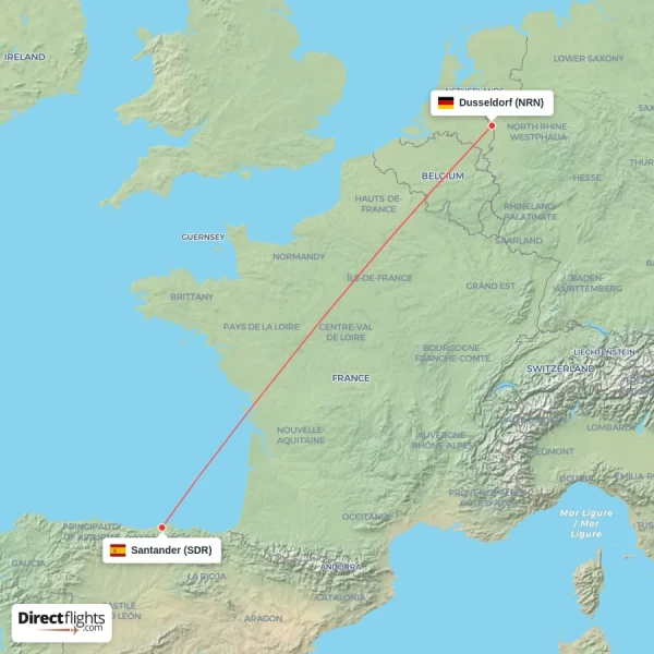 Dusseldorf - Santander direct flight map