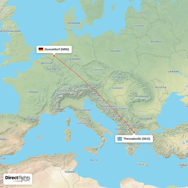 Dusseldorf - Thessaloniki direct flight map