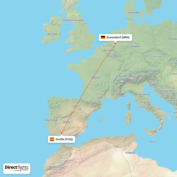 Dusseldorf - Sevilla direct flight map