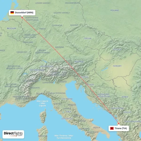 Dusseldorf - Tirana direct flight map