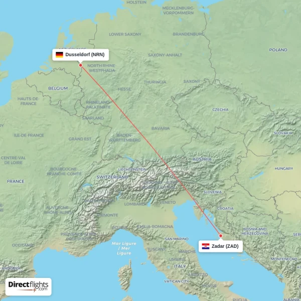 Dusseldorf - Zadar direct flight map