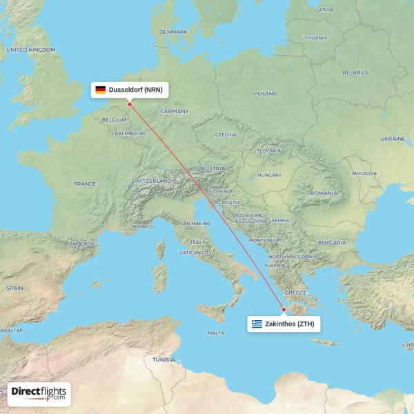 Dusseldorf - Zakinthos direct flight map