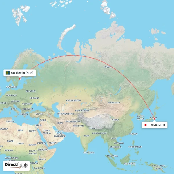 Tokyo - Stockholm direct flight map
