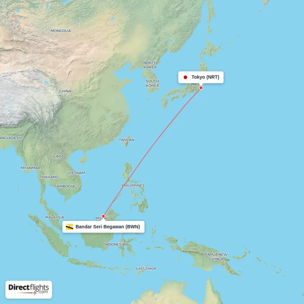 Tokyo - Bandar Seri Begawan direct flight map