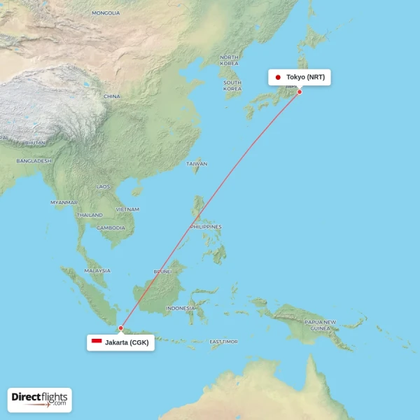 Tokyo - Jakarta direct flight map