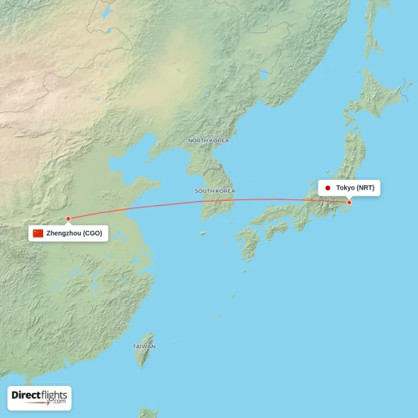 Tokyo - Zhengzhou direct flight map