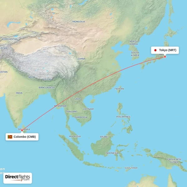 Tokyo - Colombo direct flight map