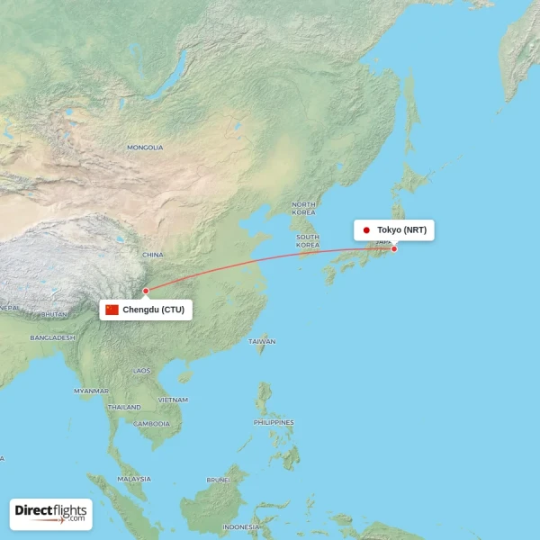 Tokyo - Chengdu direct flight map