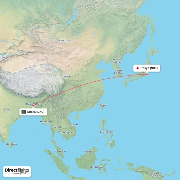 Tokyo - Dhaka direct flight map
