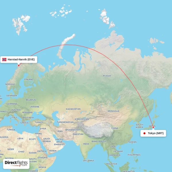 Tokyo - Harstad-Narvik direct flight map