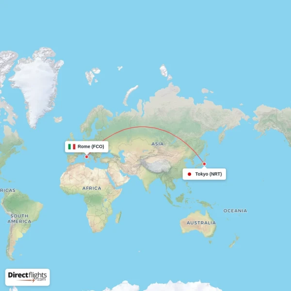 Tokyo - Rome direct flight map