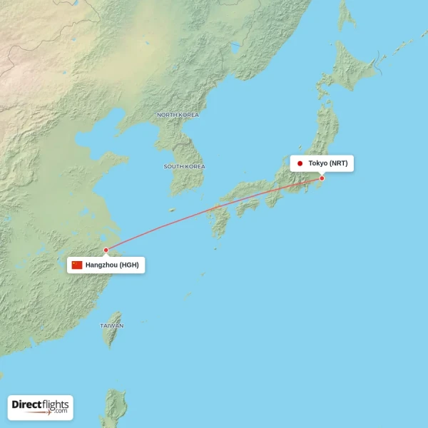 Tokyo - Hangzhou direct flight map
