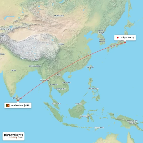 Tokyo - Hambantota direct flight map
