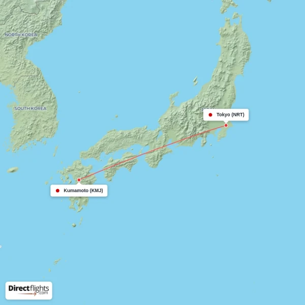 Tokyo - Kumamoto direct flight map