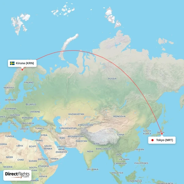 Tokyo - Kiruna direct flight map