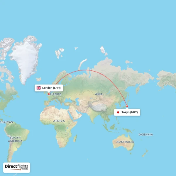 Tokyo - London direct flight map