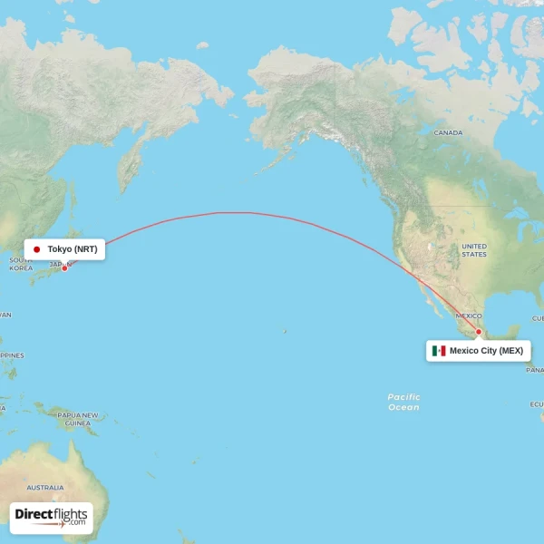 Tokyo - Mexico City direct flight map