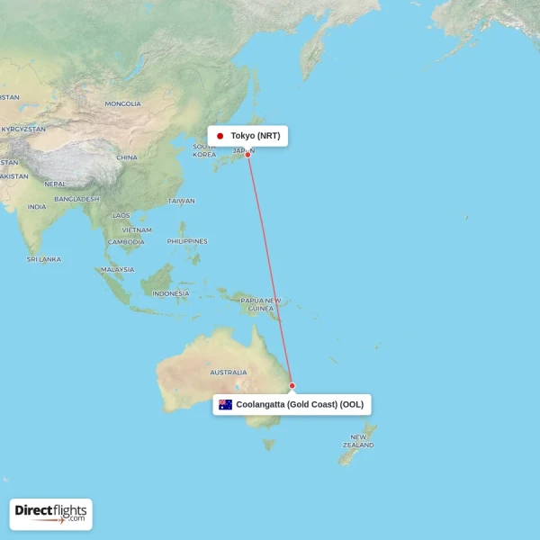 Tokyo - Coolangatta (Gold Coast) direct flight map