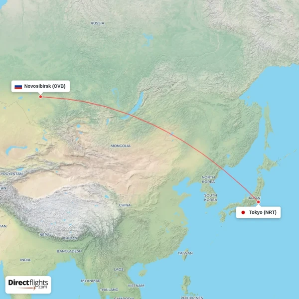 Tokyo - Novosibirsk direct flight map